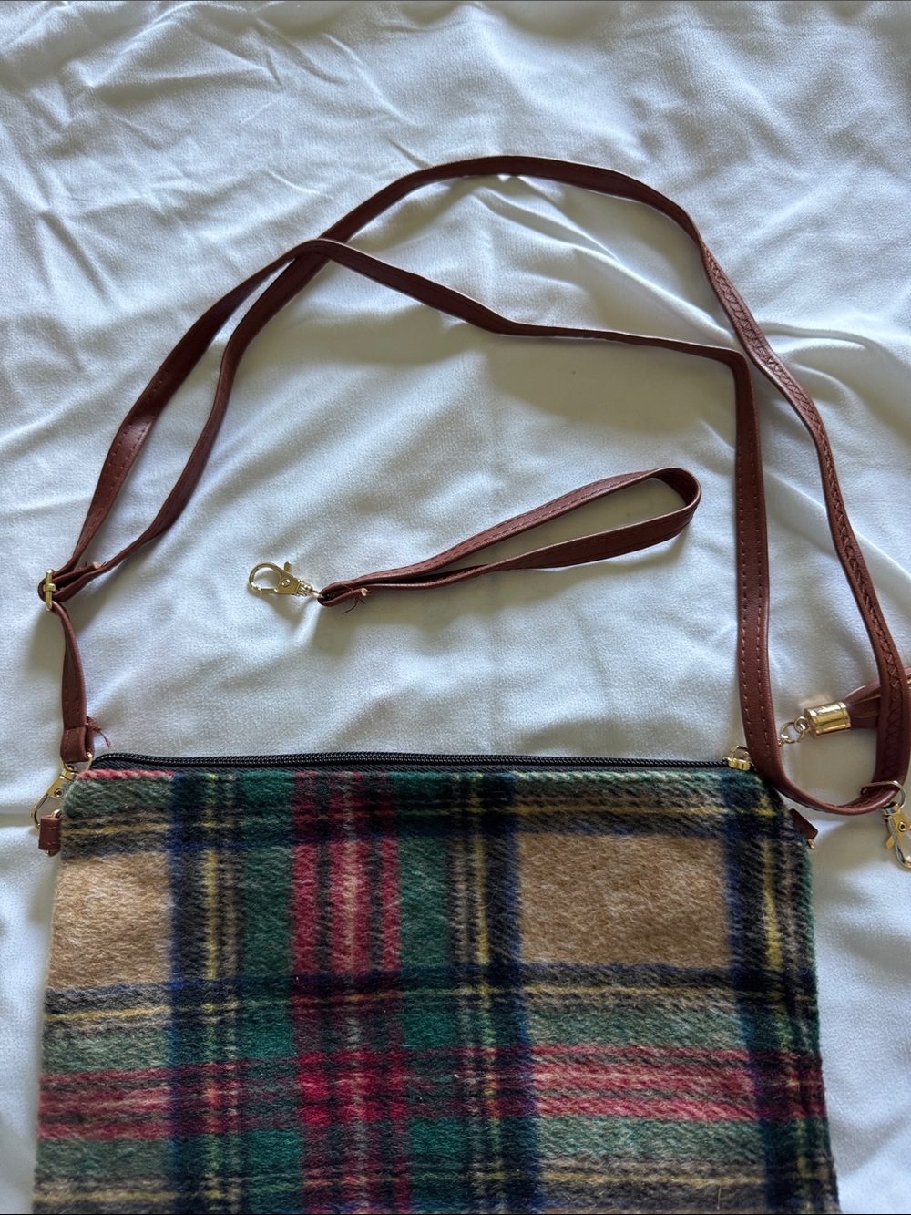 Plaid Wool Crossbody or Wristlet Bag with Brown Leather Tassel Zipper Pull - Picture 4 of 7